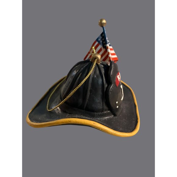 Firefighter Helmet Ornament With American Flag FD 1 Design Black & Yellow Resin - Picture 3 of 11